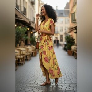 Scobe Yellow Floral Midi Dress with Pink Roses, size M